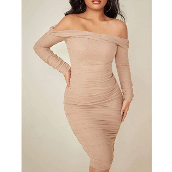 Nude Mesh Ruched Off Shoulder Dress - Picture 2 of 10